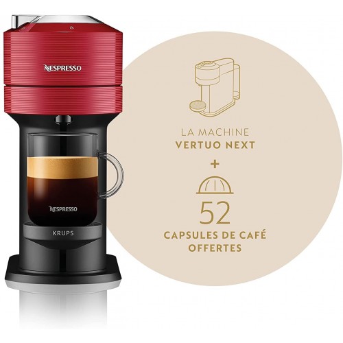 Krups Nespresso Vertuo Next rouge + 52 capsules Nespresso offertes Machine à café 1,1 L Café filtre Espresso Café grande tasse Café fraîchement moulu Café long Nespresso Gran Lungo YY4800FD