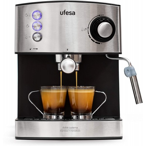 Ufesa CE7240 Machine à Café Expresso et Cappuccino Buse Vapeur 20 Bars 2 Modes: Café Moulu ou à Dose Unique Réservoir d'1.6L Plateau Réchauffe-Tasses 850W Inox