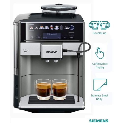 Siemens EQ.6 Plus s500 TE655203RW – Machine à café automatique avec écran sensitif et texte clair – 12 recettes de café et lactée – iAroma System et Aroma DoubleShot – Couleur : Noir Inox