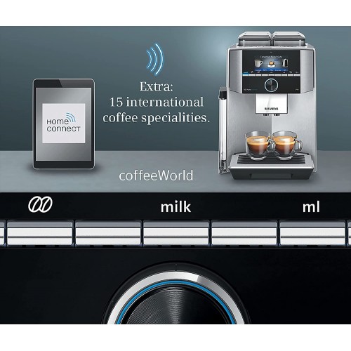 Siemens EQ.9 Plus Connect s500 TI9553X1RW – Machine à café automatique connectée avec écran TFT – Broyeur céramique silencieux – 14 recettes de café – Mode Barista – Couleur : Inox