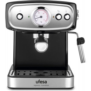 Ufesa CE7244 Brescia Machine à expresso et Cappuccino Mousseur Réglable 20 Bars 2 Modes : Café Moulu ou Dosettes Dépôt 1.5L Fonction Chauffe-Tasses 850W