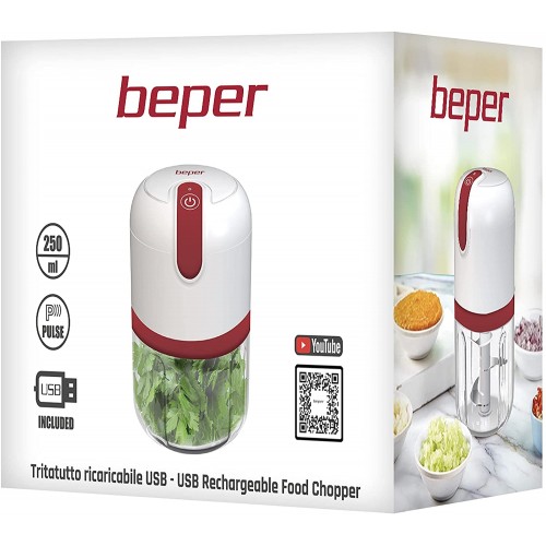 BEPER P102ROB050 Hachoir Rechargeable USB Mini Robot de Cuisine Capacité 250 ml Puissance 3,7 V 3 Lames en Acier Inoxydable Batterie Rechargeable Rouge Blanc