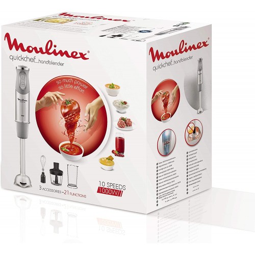 Moulinex quickchef – Mixeur plongeant avec 3 accessoires acier inoxydable 10 vitesses 1000 W