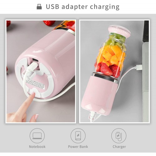Portable Mixeur des Fruits Mini Blender USB Pour Smoothie,Milk-shake,Jus de Fruits,Blender Portable 500ml 6 Lames pour Sport et Voyage,Sans BPA ,Rose