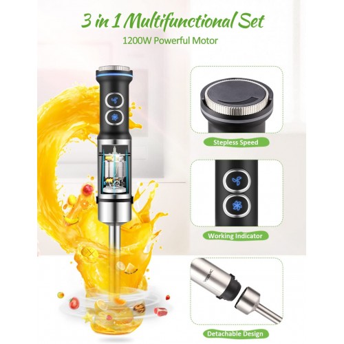 YISSVIC Mixeur Plongeant 3 en 1 1200 W Mixeur Multifonction 24 Vitesses Mélangeur avec Fouet Cuisine Mousseur à Lait sans BPA Noir