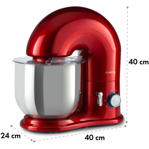 KLARSTEIN Delfino robot culinaire mélangeur 1800W et 6 vitesses fonction pulse système mélangeur planétaire bol inox de 7 l en 3 parties agitateur et crochet pétrisseur rouge