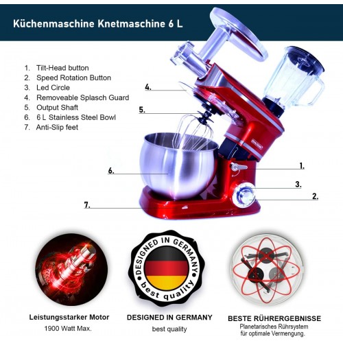 Robot pâtisserie Robot cuisine universel Royaltronic robot multifonction 1900 W 6 L agitation planétaire Hachoir à viande Accessoires pâtes bol mixeur 1,5 l 6 vitesses Rouge