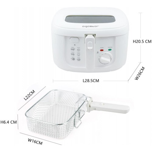 Aigostar Indra 30HEX Friteuse 100% sans BPA avec grande fenêtre de vue thermostat réglable et indicateurs lumineux. Couleur blanche 1800W capacité de 2,5L. Design exclusif.