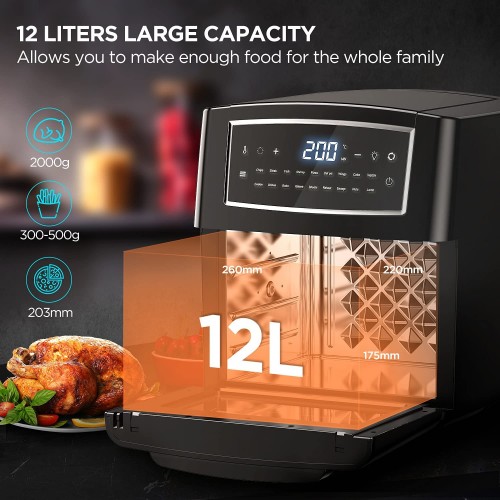 Friteuse à air chaud 12 l Airfryer Mini four friteuse à air chaud avec écran LED numérique 18 programmes 10 accessoires et livret de recettes 1500 W AF-120CDEU noir