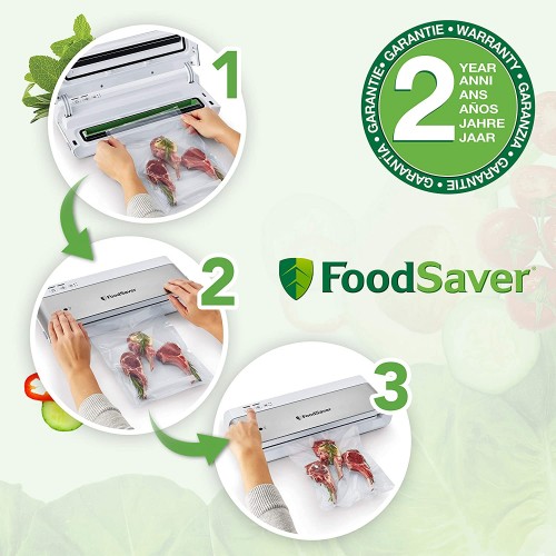 FoodSaver Machine Sous Vide Alimentaire Compacte avec Accessoire Portatif | 1 Rouleau et 4 Sacs Sous Vide Inclus | argent avec finition blanche [VS0100X]