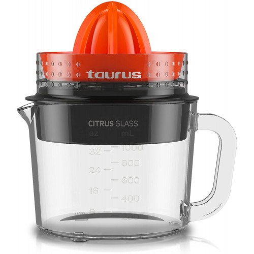 Taurus Citrus Glass Presse agrumes électrique avec bol en verre 30W Double sens de rotation 2 cônes pour tous les agrumes Bol en verre 1L Filtre Régulateur de pulpe Amovible