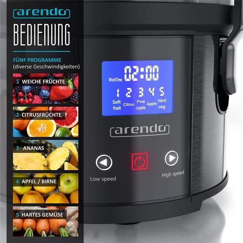 Arendo Centrifugeuse DC Motor avec écran 800W Centrifugeuse électrique pour légumes et fruits Certifié GS