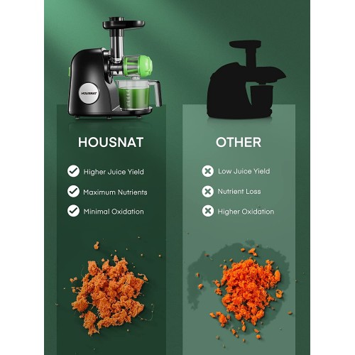 Housnat Extracteur de jus Slow Juicer Presse à Froid Machine avec moteur silencieux Nutriments Maximaux 90% Jus Pureté Extracteur jus de Fruits et Légumes Fonction Inverse