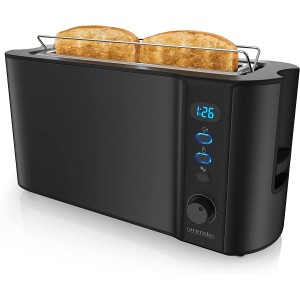 Arendo Grille-Pain Large fente affichage digital Grille-pain automatique 3 en 1 1000W 6 niveaux réglable fonction décongélation réchauffe viennoiseries plateau à miettes -Toaster noir mat