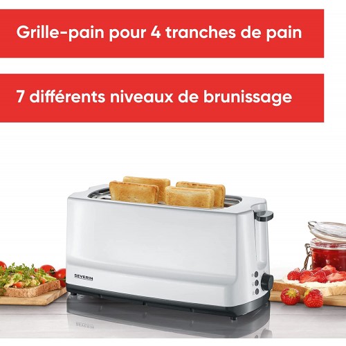 SEVERIN Grille-pain automatique 1400 W Toaster compact 2 fentes jusqu'à 4 tranches Grille-pain électrique avec réglage du degré de brunissage & fonction décongélation blanc AT 2234