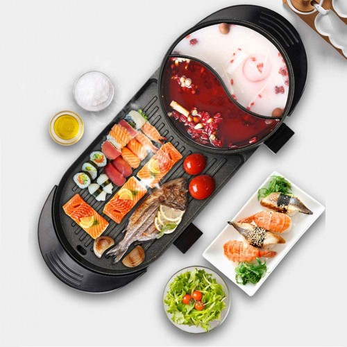 Hot Pot Électrique Intérieur Korean BBQ Grill Shabu Shabu Pot avec Diviseur Antiadhésive Température Double Commande Séparée 1-8 Personnes