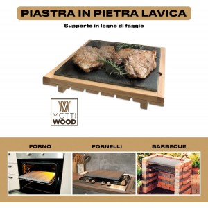 Pierre de lave sicilienne S dimensions 22 x 30 x 1 H cm avec support en bois hêtre extractible plaque réfractaire pour cuisine