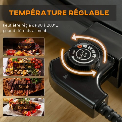 HOMCOM Plancha teppanyaki grill de table 2 en 1 antiadhésif 1600 W thermostat réglable 5 niveaux 90°C-200°C bac récupérateur inclus ABS alu. Noir