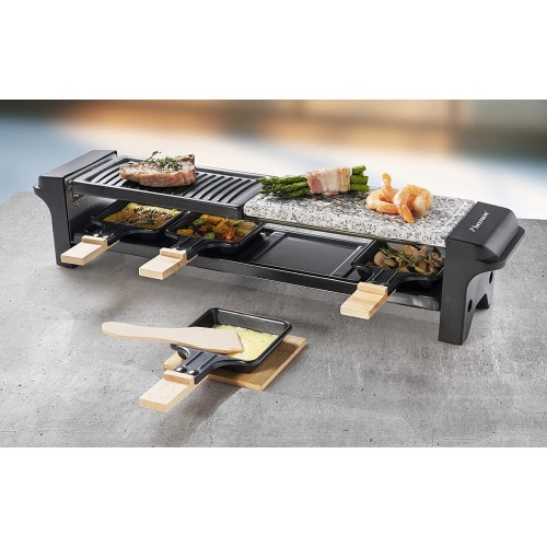 Bestron Appareil à raclette pour 4 personnes barbecue de table électrique avec 4 poêlons 4 spatules en bois et 4 soucoupes 650 W couleur : noir