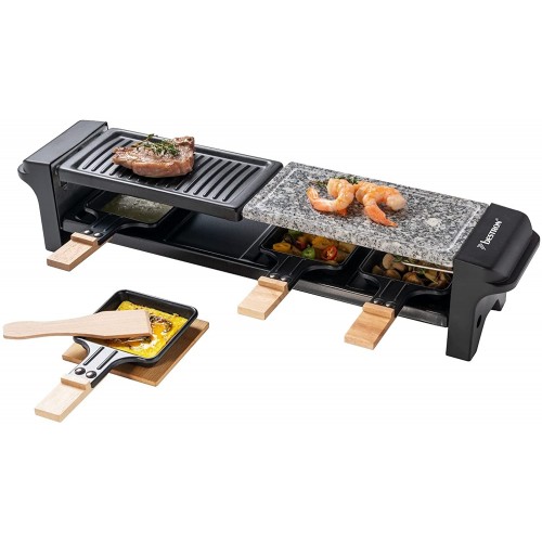 Bestron Appareil à raclette pour 4 personnes barbecue de table électrique avec 4 poêlons 4 spatules en bois et 4 soucoupes 650 W couleur : noir