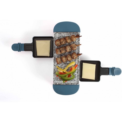 Mini raclette 2 personnes avec plaque en pierre Barbecue de table électrique avec 2 poêlons antiadhésifs Grill électrique petit pour 1 à 2 personnes Plaque en pierre chaude Bleu