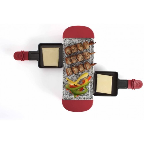 Mini raclette 2 personnes avec plaque en pierre Barbecue de table électrique avec 2 poêlons antiadhésifs Grill électrique petit pour 1 à 2 personnes Plaque en pierre chaude Rouge
