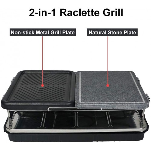 Raclette 8 Personnes Appareil a Raclette avec Pierre Naturelle et Plaque en Fonte Raclette Multifonction 2-IN-1 8 Raclette Poêlons 4 Spatules en Bois Antiadhésif Raclette Grill 1300W Noir