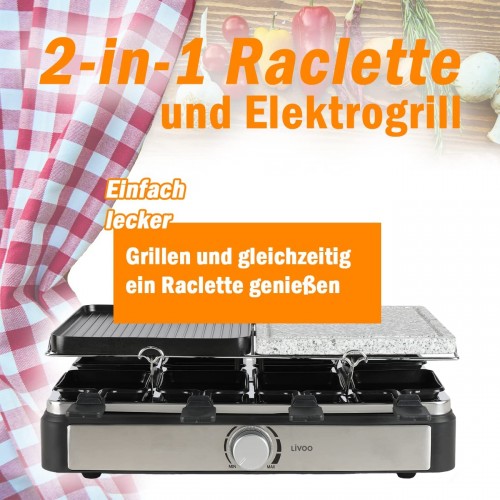 Raclette 8 personnes avec plaque en pierre Barbecue de table électrique puissant 1400 W Grill avec thermostat Pierre chaude et plaque de cuisson amovible