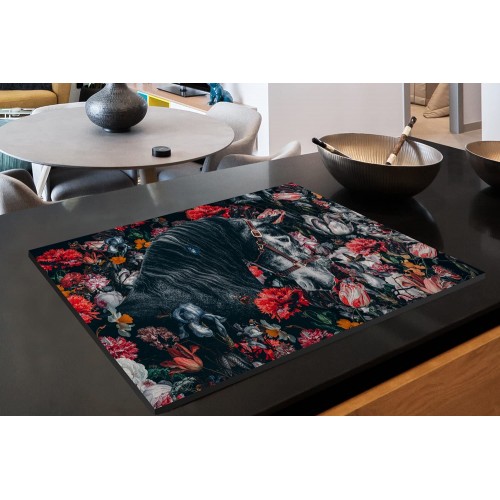 Protège-plaque à induction Plaque Protection Vitrocéramique Induction Vinyl Cheval Fleurs Noir 80x52 cm Couvre Plaque de Cuisson Accessoires de Cuisine