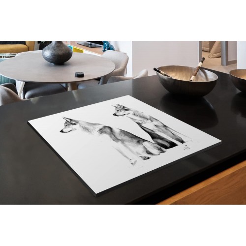 Protège-plaque à induction Plaque Protection Vitrocéramique Induction Vinyl Deux loups sur fond blanc noir et blanc 75x52 cm Couvre Plaque de Cuisson Accessoires de Cuisine