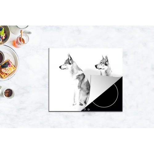 Protège-plaque à induction Plaque Protection Vitrocéramique Induction Vinyl Deux loups sur fond blanc noir et blanc 75x52 cm Couvre Plaque de Cuisson Accessoires de Cuisine