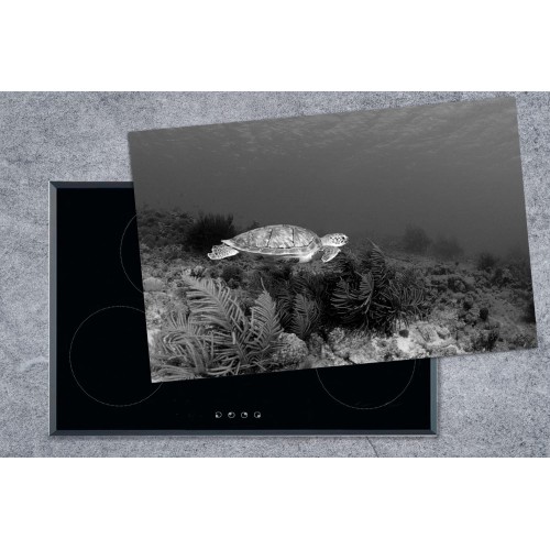 Protège-plaque à induction Plaque Protection Vitrocéramique Induction Vinyl Tortue de mer à Bonaire noir et blanc 80x52 cm Couvre Plaque de Cuisson Accessoires de Cuisine