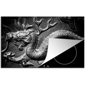 Protège-plaque à induction Plaque Protection Vitrocéramique Induction Vinyl Un dragon chinois à Pékin noir et blanc 78x52 cm Couvre Plaque de Cuisson Accessoires de Cuisine