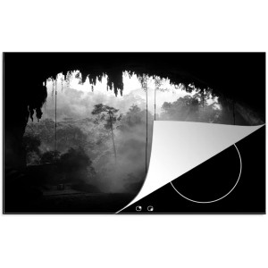 Protège-plaque à induction Plaque Protection Vitrocéramique Induction Vinyl Vue d'une grotte à Bornéo noir et blanc 78x52 cm Couvre Plaque de Cuisson Accessoires de Cuisine
