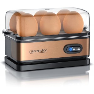 Arendo – Cuiseur à œufs avec fonction maintien au chaud 1 à 6 œufs Dur mollet ou à la coque Indicateur lumineux Verre doseur avec perce-œufs 400 W Base anti-dérapante Couleur noir cuivre
