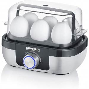 SEVERIN Cuit-œufs 420 W Appareil de cuisson pour 1 à 6 œufs Doseur d'Eau Gradué et Perce-Œufs Inclus Cuiseur à œufs avec réglage électronique du temps de cuisson noir inox EK 3167