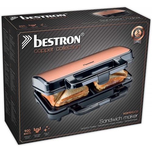 Bestron ASM90XLCO Machine à sandwichs XL antiadhésif pour 2 sandwichs 900 W Noir cuivre métal