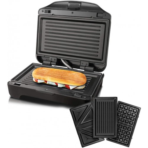 Taurus Miami Premium Grill électrique 3 en 1 900W Sandwich gaufre ou grill Plaques anti-adhésives interchangeables Voyant d'alimentation et de pré-chauffage Inox et noir