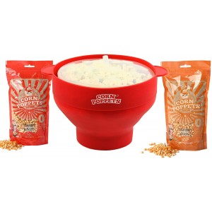 CORN POPPETS | Poppeur à Popcorn sans Huile pour Micro-Ondes | Rouge + 2 Sacs de Grains de Popcorn aux Saveurs sucrées et salées