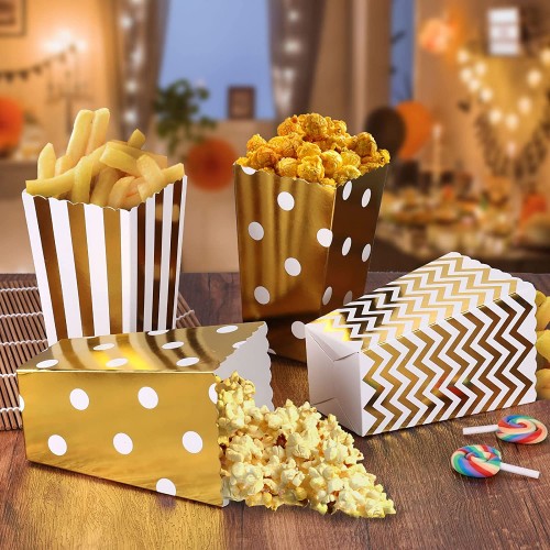 Czemo Popcorn Boite 36pcs Boîtes à Popcorn Conteneurs Cartons Sacs en Papier Boîte à Rayures pour Fêtes d'anniversaire Or