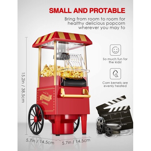 Machine à Pop Corn 1200W Retro Machine à Popcorn avec Air Chaud Sans Gras Huile Facile á L'utilisation Rouge [Classe énergétique A+++]