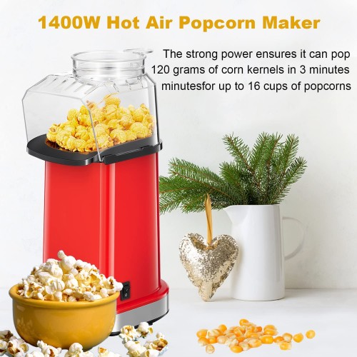 Machine à Pop Corn 1400W Électrique Circulation d'Air Chaud Popcorn-Maker Sans Gras Huile Rapide & Facile pour la Fête la Soirée Cinéma le Match de Football Rouge