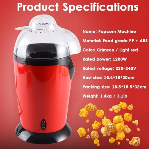 Machine à Popcorn 1200W Appareil à Popcorn Air Chaud Machine à Pop-Corn Électrique Accueil Snacks Hypocaloriques Sans Gras Huile Revêtement Antiadhésif pour Collations Amusantes-Light red