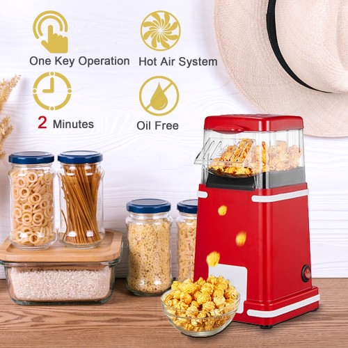 Machine à Popcorn 1200W Circulation d'Air Chaud Popcorn-Maker rétro Sans Huile Faible en Graissefacile à Nettoyer avec verre doseur et couvercle amovible Rouge