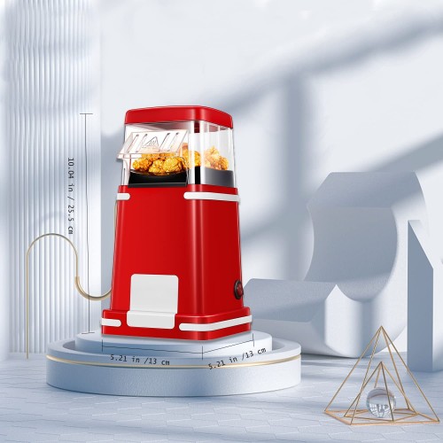 Machine à Popcorn 1200W Circulation d'Air Chaud Popcorn-Maker rétro Sans Huile Faible en Graissefacile à Nettoyer avec verre doseur et couvercle amovible Rouge
