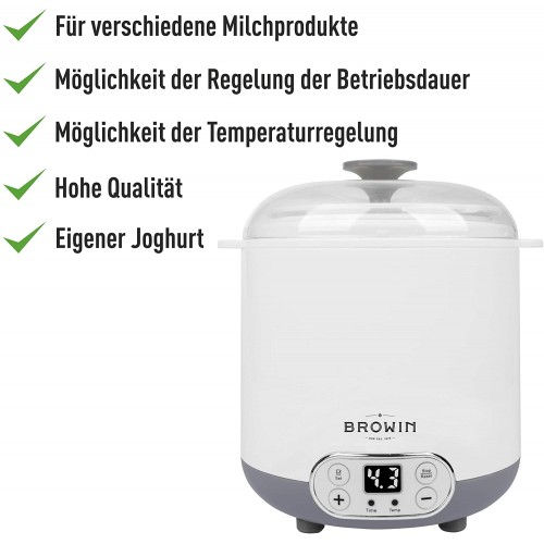 Browin 801013 Yaourtière Fromagère avec Thermostat 1,5 L | Machine Électrique pour Yaourts et Fromages Faits Maison | Température 22-50°C | Timer jusqu'à 48 h | Blanc