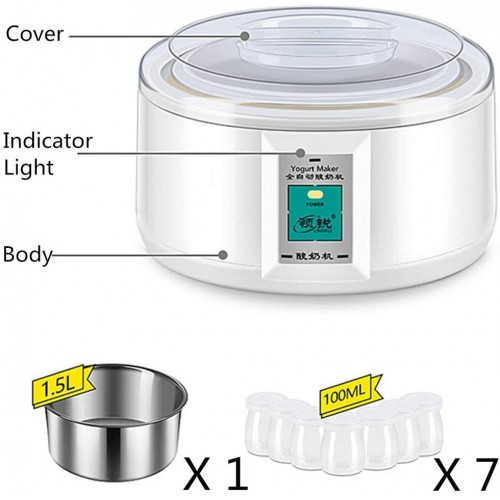 LaMei Yang Yaourtière numérique en Acier Inoxydable avec 7 Pots et couvercles en Verre sans BPA Affichage et Design de contrôle de la température et de la température pour Usage Domestique