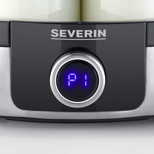 Severin JG 3521 Yaourtière avec écran numérique à LED 7 bocaux de 150 ml sans BPA arrêt automatique 5 programmes automatiques température et temps réglables Yaourt végane sans lactose,
