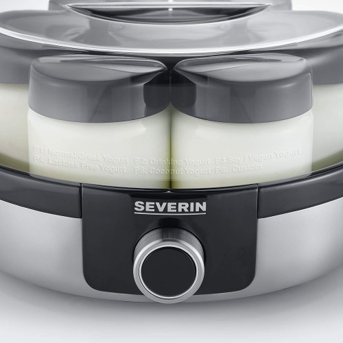 Severin JG 3521 Yaourtière avec écran numérique à LED 7 bocaux de 150 ml sans BPA arrêt automatique 5 programmes automatiques température et temps réglables Yaourt végane sans lactose,