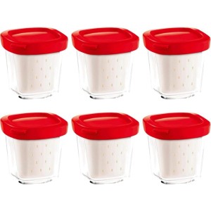 Tefal 6 pots en verre 140 ml Compatibles avec les yaourtières Délices et Multi Délices Couvercle hermétique en plastique rouge Yaourts Flans maison Crèmes brûlées Desserts crémeux XF100501
